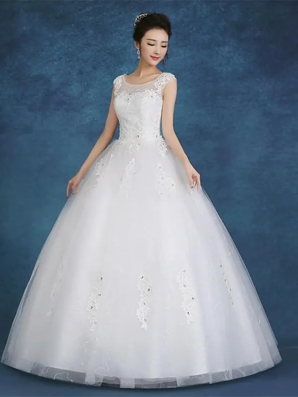 Ball Gown Wedding Dresses Scoop Neck Floor Length Satin Tulle Cap Sleeve Romantic See-Through Backless