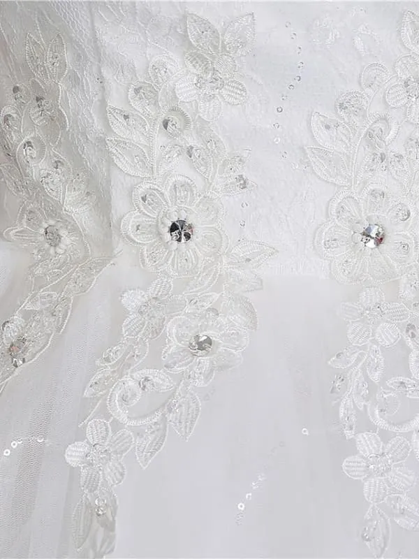Ball Gown Wedding Dresses Scoop Neck Floor Length Satin Tulle Cap Sleeve Romantic See-Through Backless