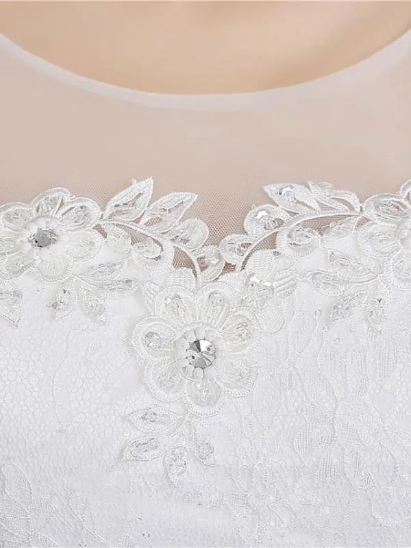 Ball Gown Wedding Dresses Scoop Neck Floor Length Satin Tulle Cap Sleeve Romantic See-Through Backless