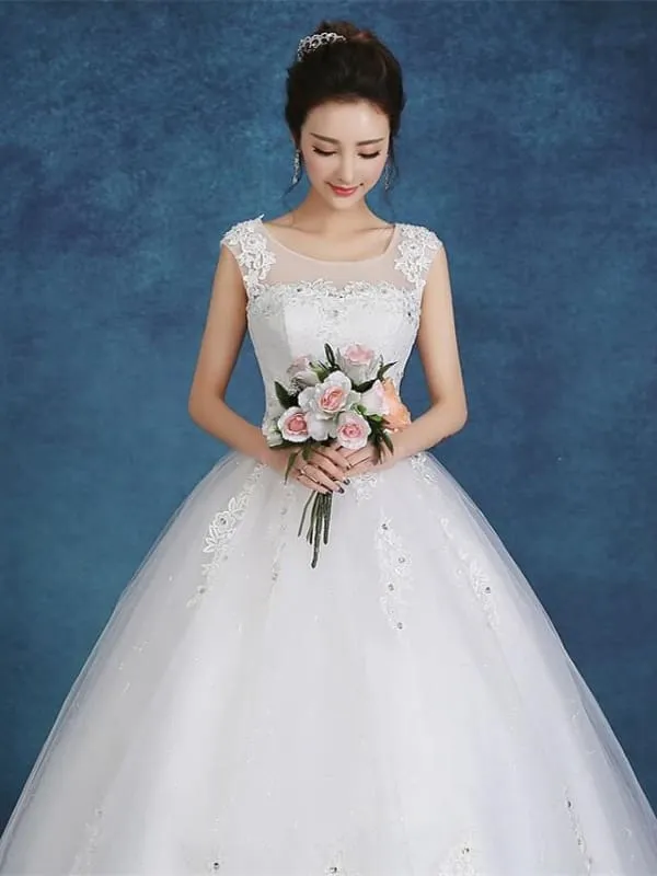 Ball Gown Wedding Dresses Scoop Neck Floor Length Satin Tulle Cap Sleeve Romantic See-Through Backless