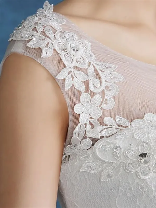 Ball Gown Wedding Dresses Scoop Neck Floor Length Satin Tulle Cap Sleeve Romantic See-Through Backless