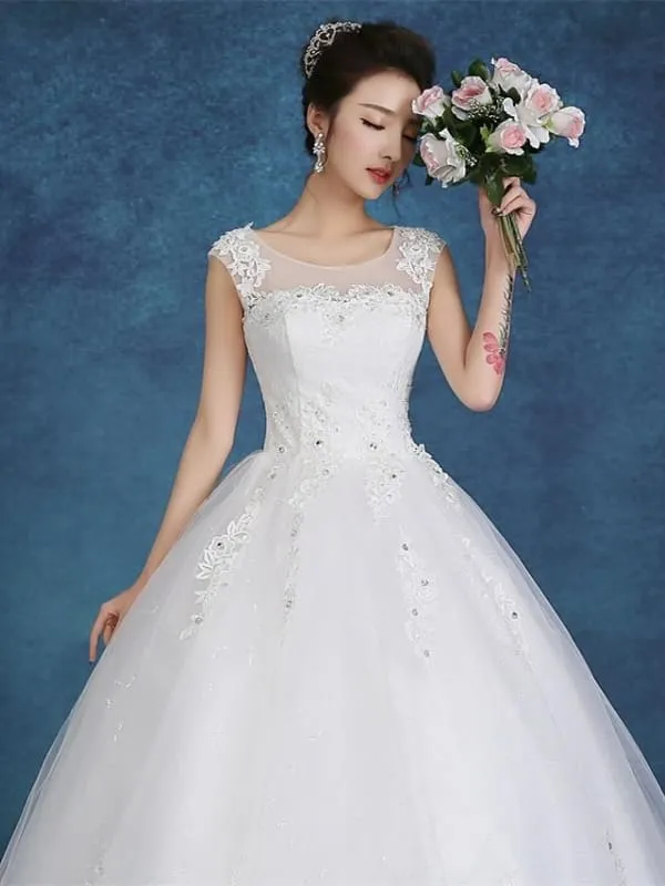 Ball Gown Wedding Dresses Scoop Neck Floor Length Satin Tulle Cap Sleeve Romantic See-Through Backless