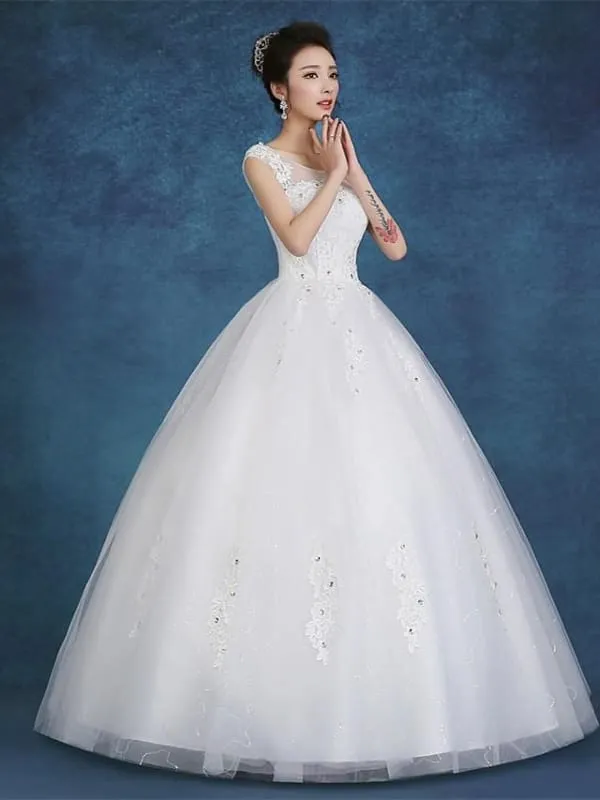 Ball Gown Wedding Dresses Scoop Neck Floor Length Satin Tulle Cap Sleeve Romantic See-Through Backless