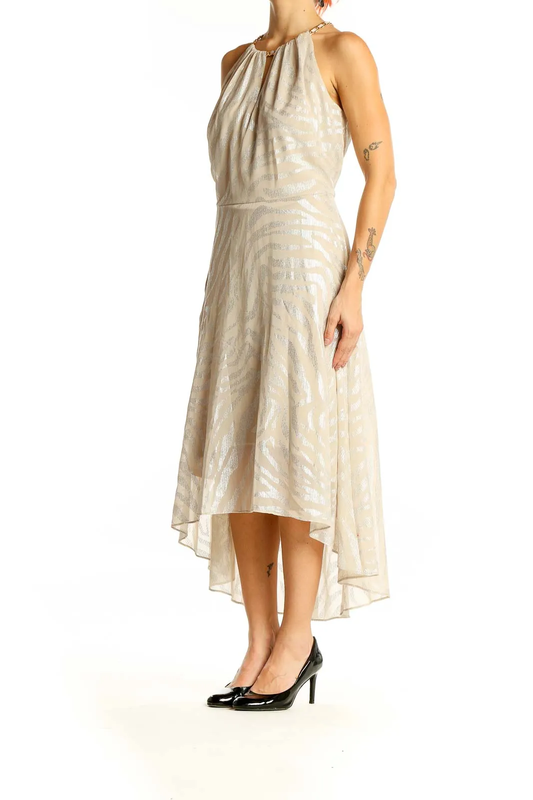 Beige Metallic Halter Neck Midi Dress