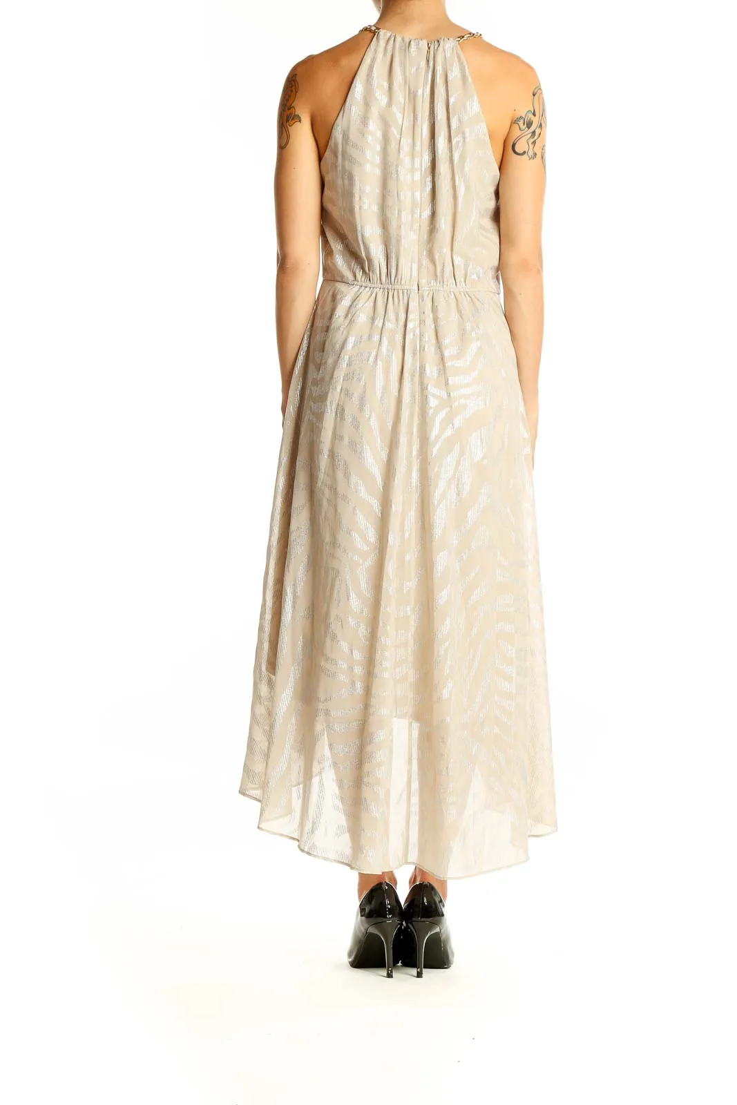 Beige Metallic Halter Neck Midi Dress