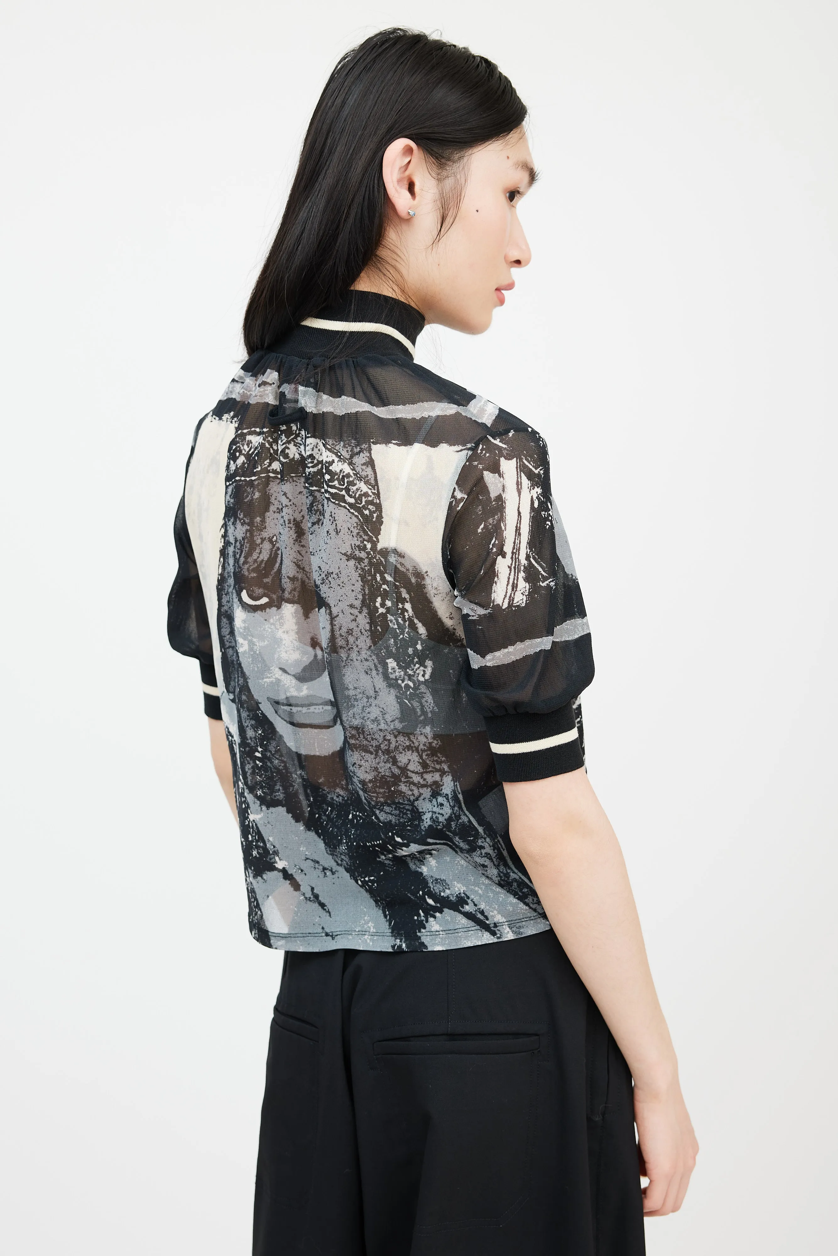 Black & Cream Graphic Mesh Top