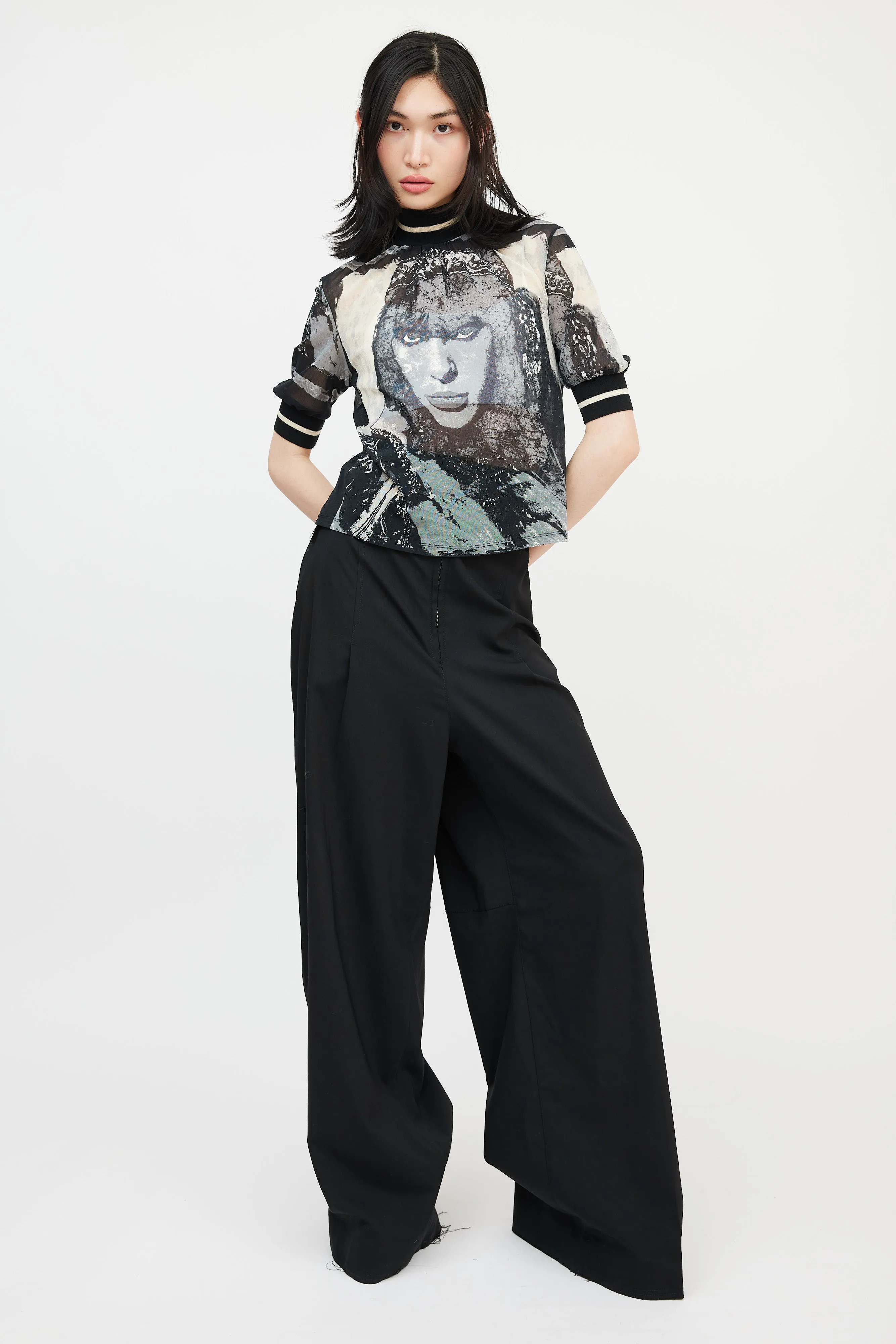 Black & Cream Graphic Mesh Top
