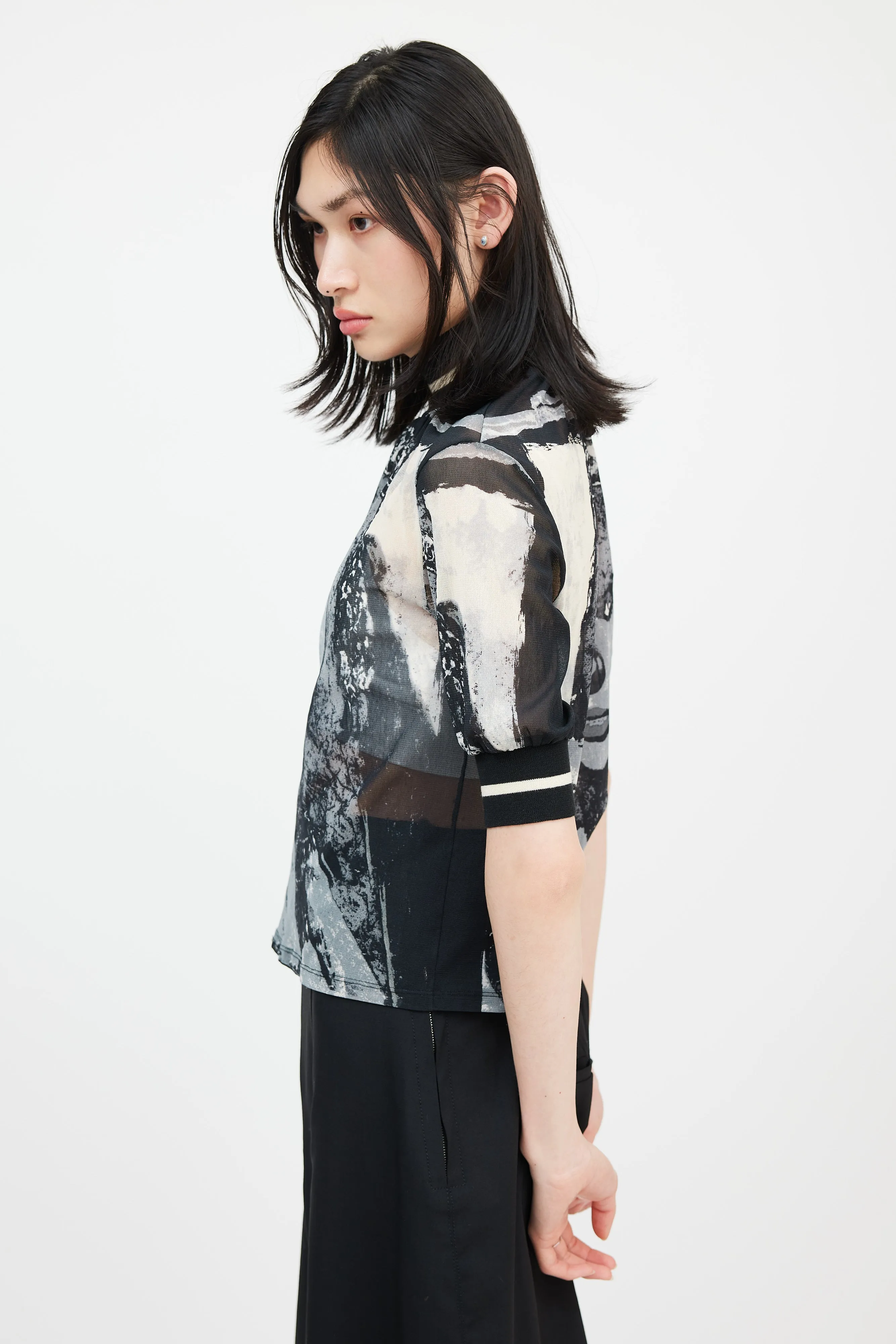 Black & Cream Graphic Mesh Top
