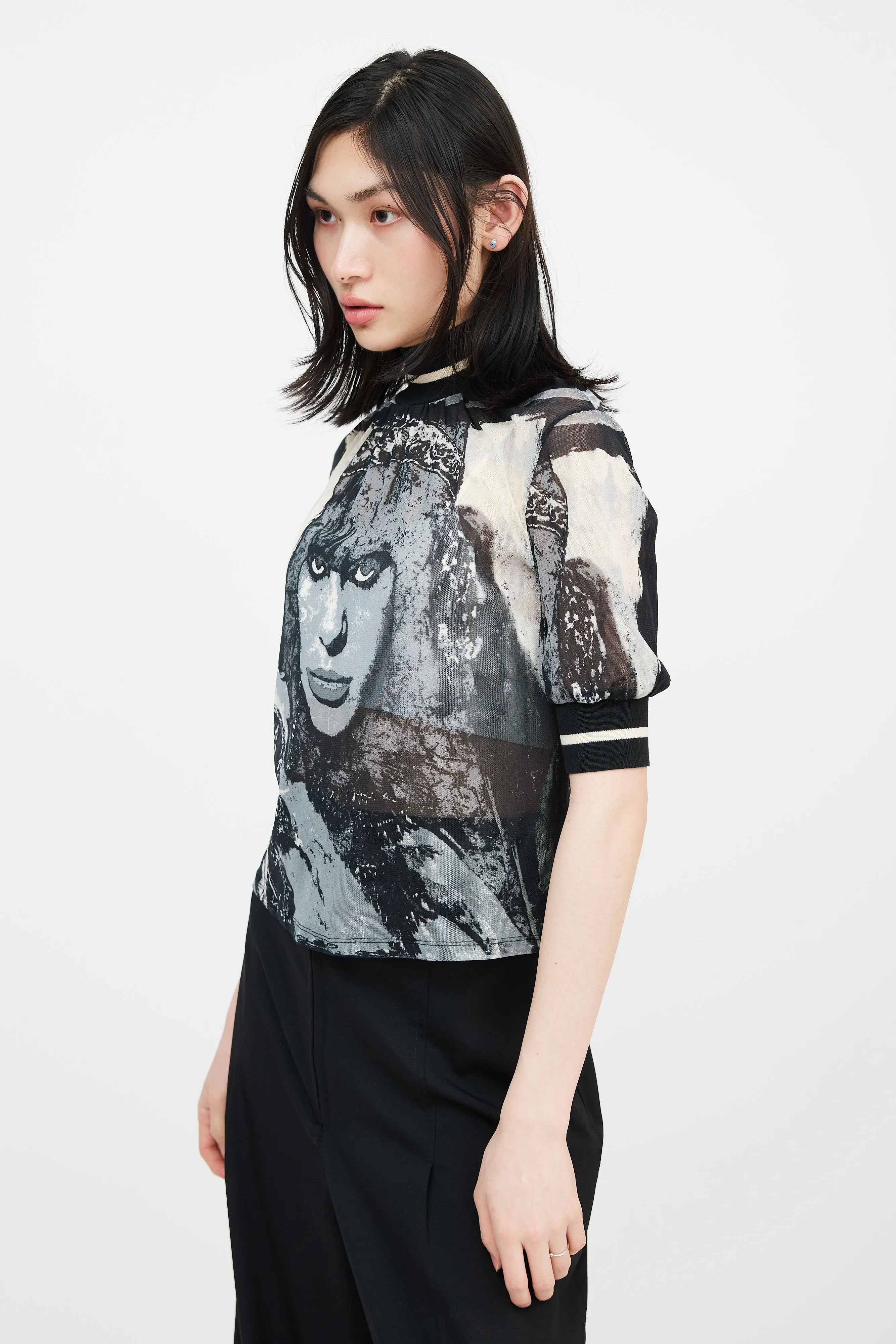 Black & Cream Graphic Mesh Top