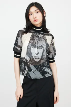 Black & Cream Graphic Mesh Top