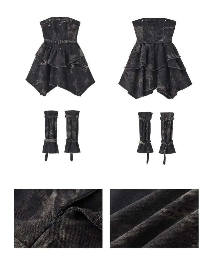 Black and Gray Basque Waist Punk Denim Strapless Dress