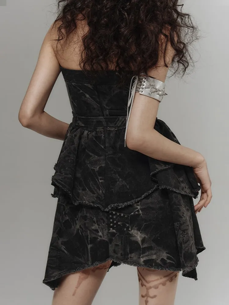 Black and Gray Basque Waist Punk Denim Strapless Dress