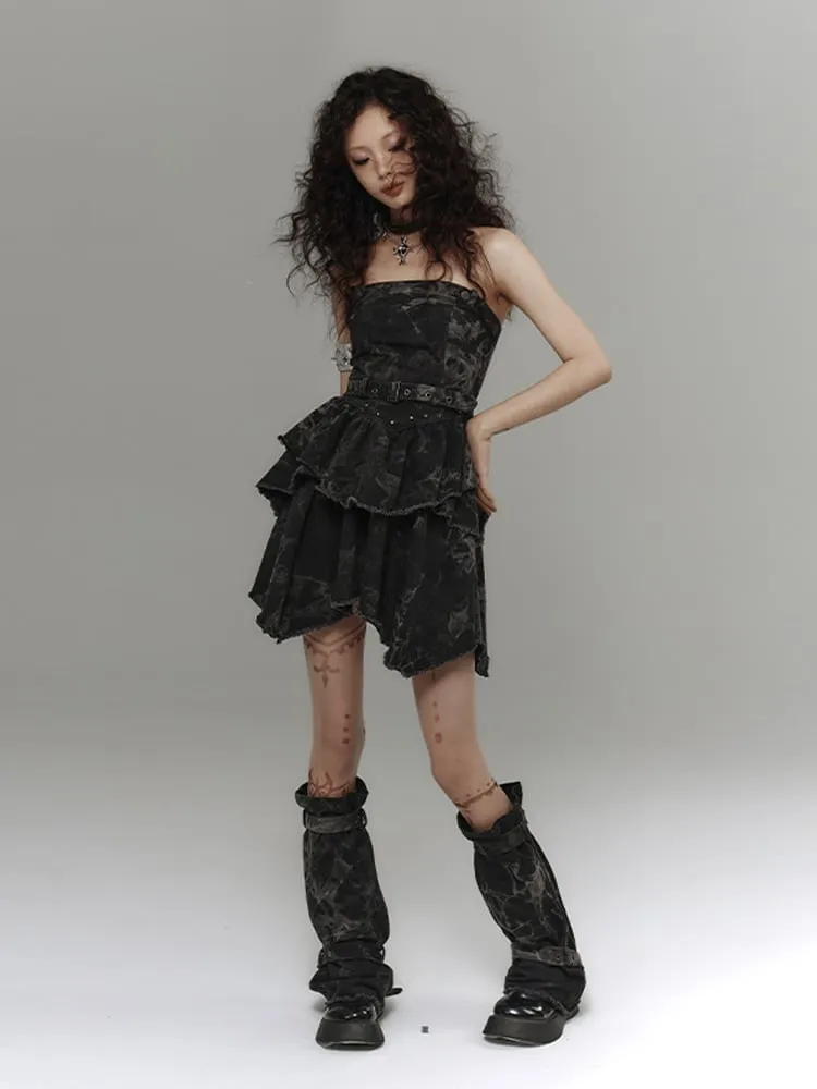 Black and Gray Basque Waist Punk Denim Strapless Dress