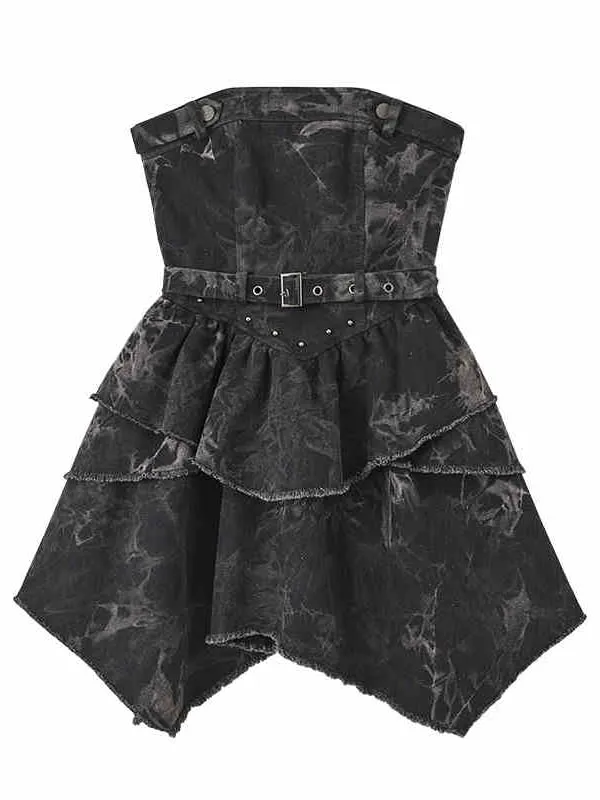Black and Gray Basque Waist Punk Denim Strapless Dress