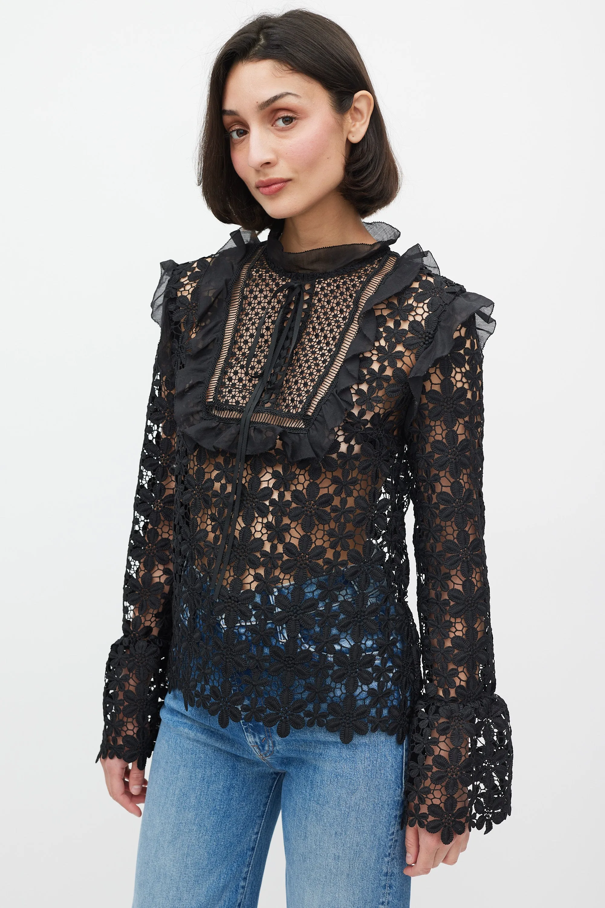 Black Floral Lace Ruffle Trim Top