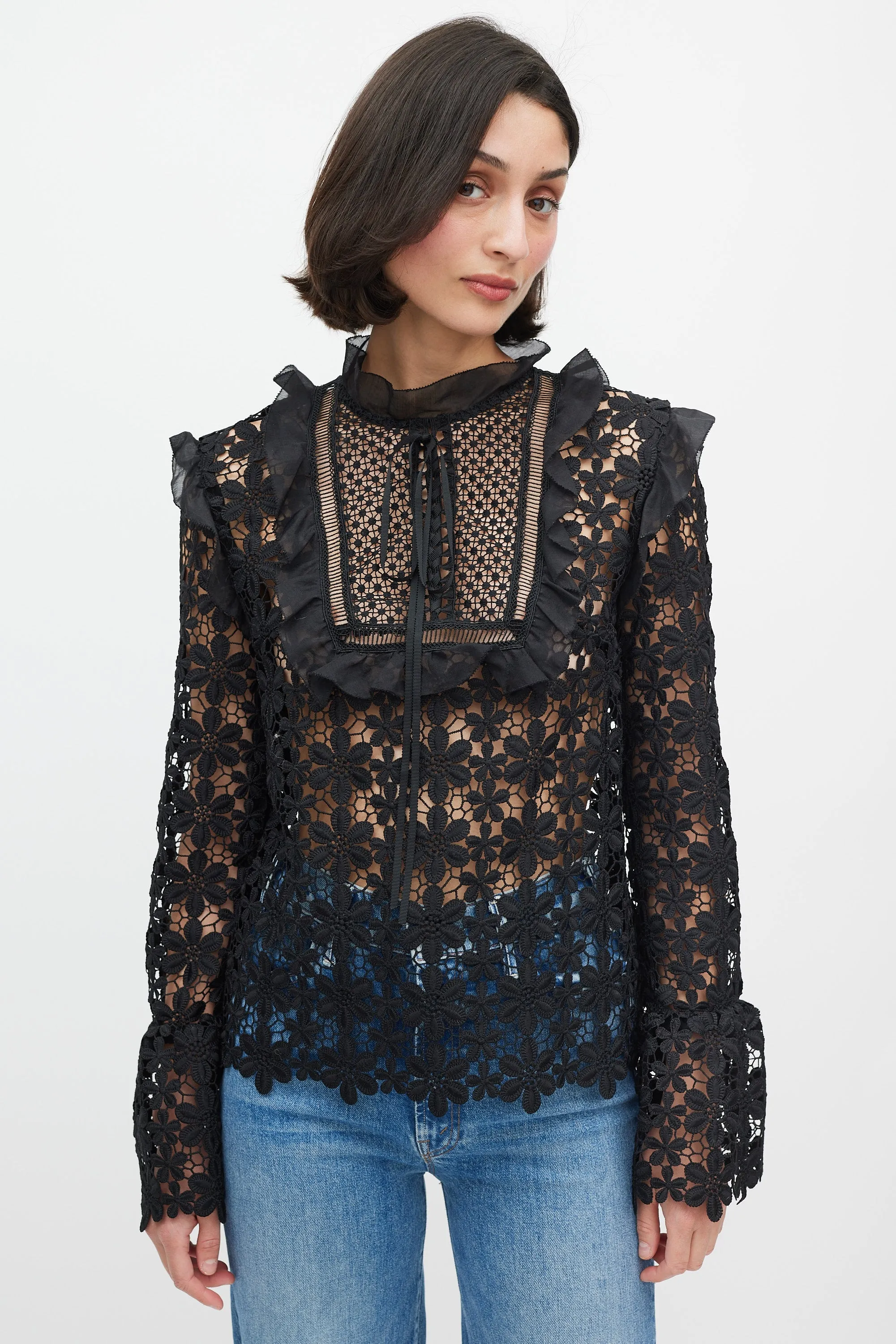 Black Floral Lace Ruffle Trim Top