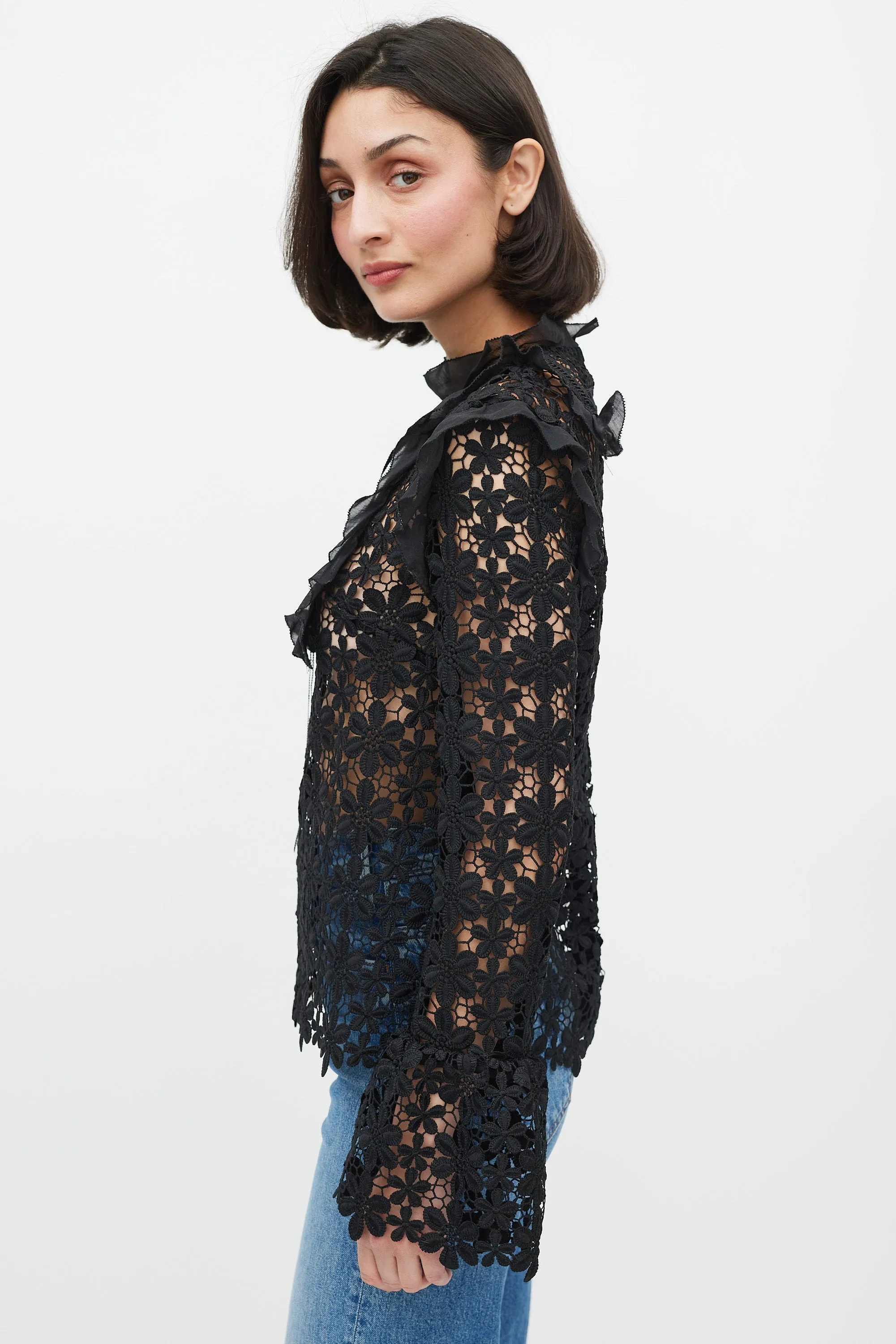 Black Floral Lace Ruffle Trim Top