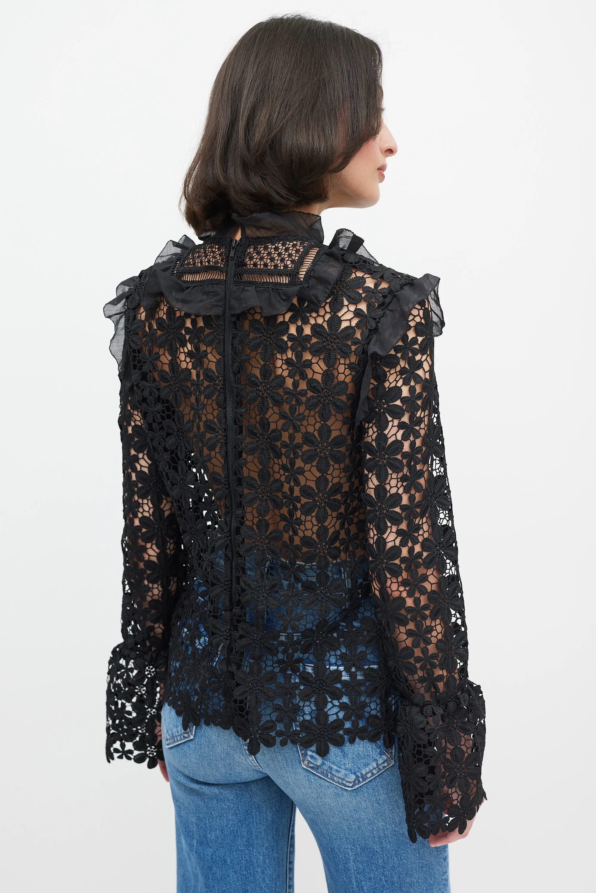 Black Floral Lace Ruffle Trim Top