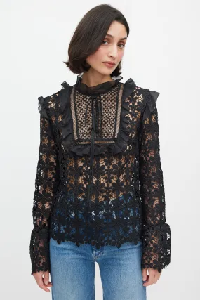Black Floral Lace Ruffle Trim Top