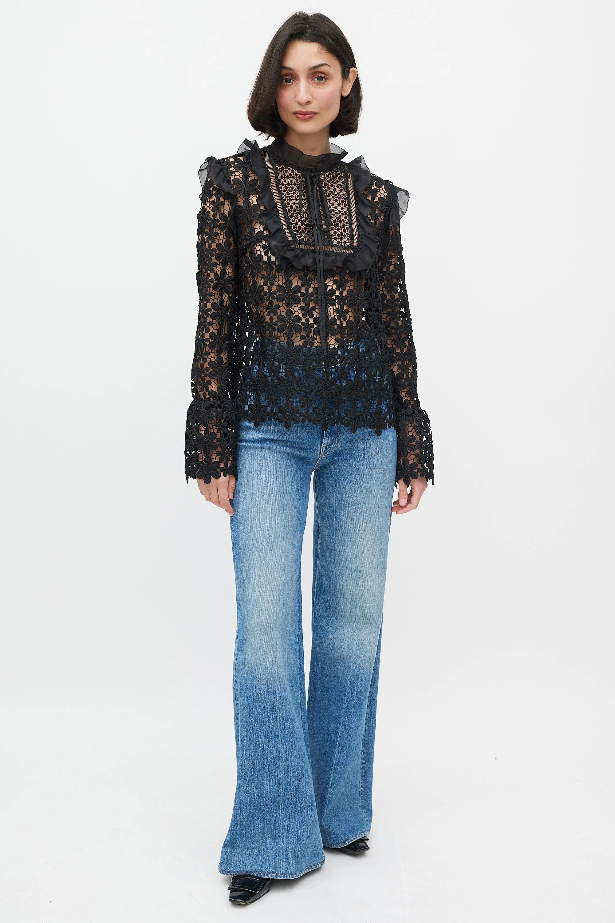 Black Floral Lace Ruffle Trim Top