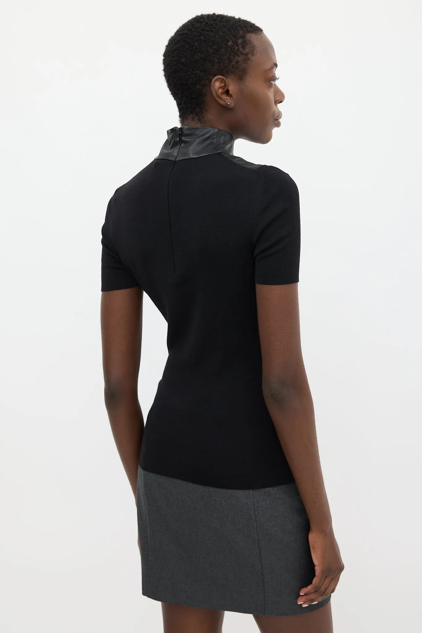 Black Leather Knit Mock Neck Top
