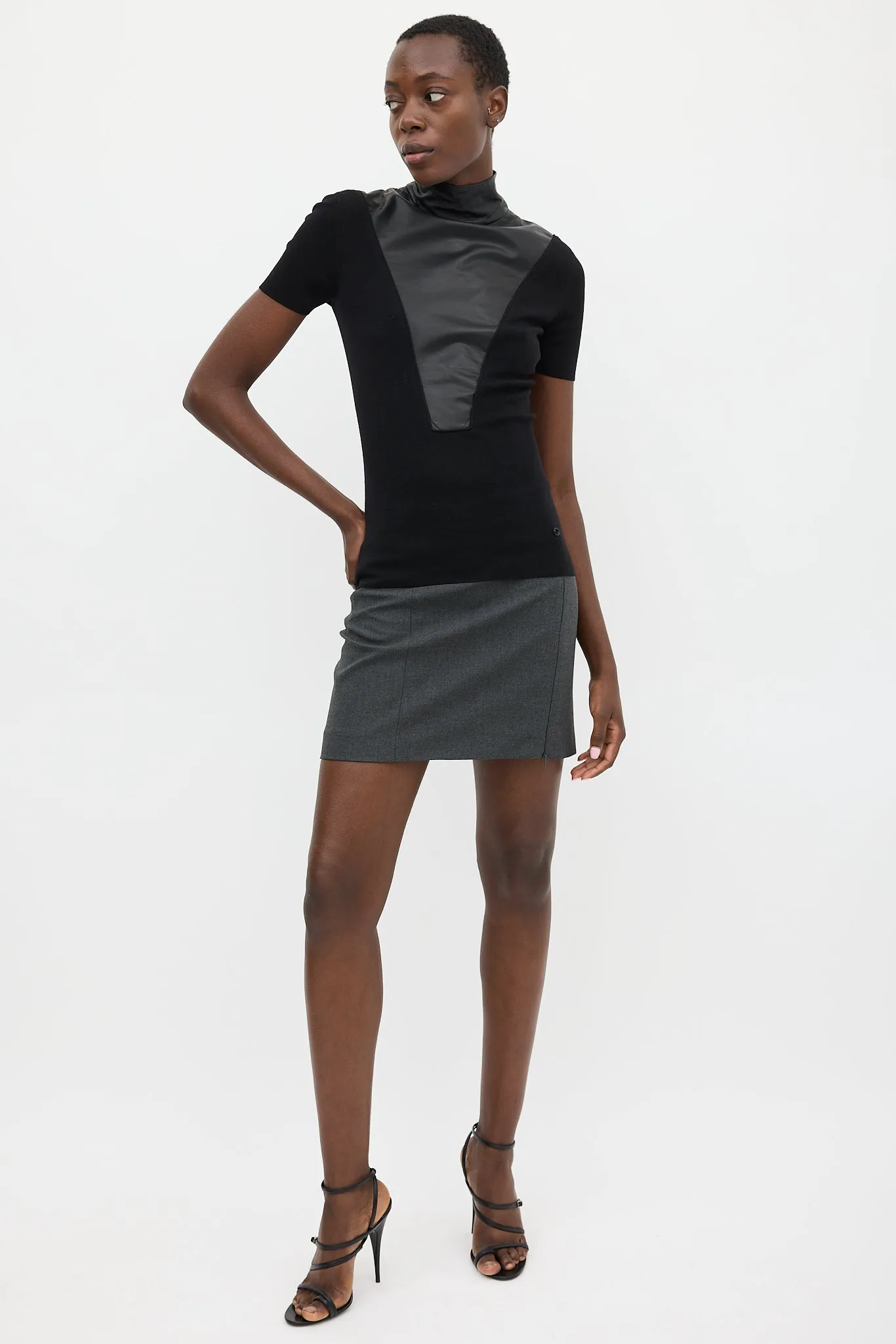 Black Leather Knit Mock Neck Top