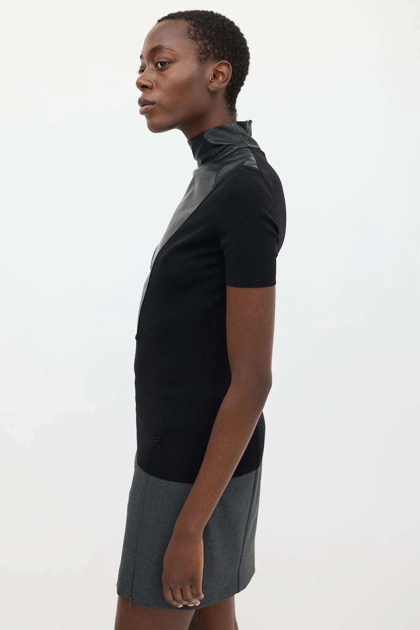 Black Leather Knit Mock Neck Top