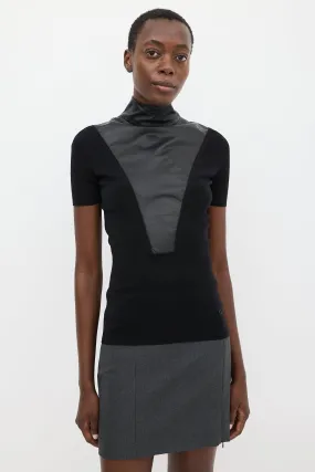 Black Leather Knit Mock Neck Top
