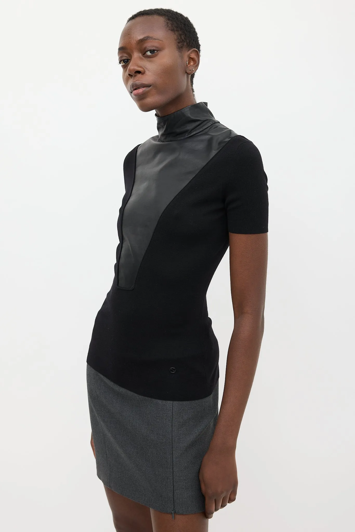 Black Leather Knit Mock Neck Top