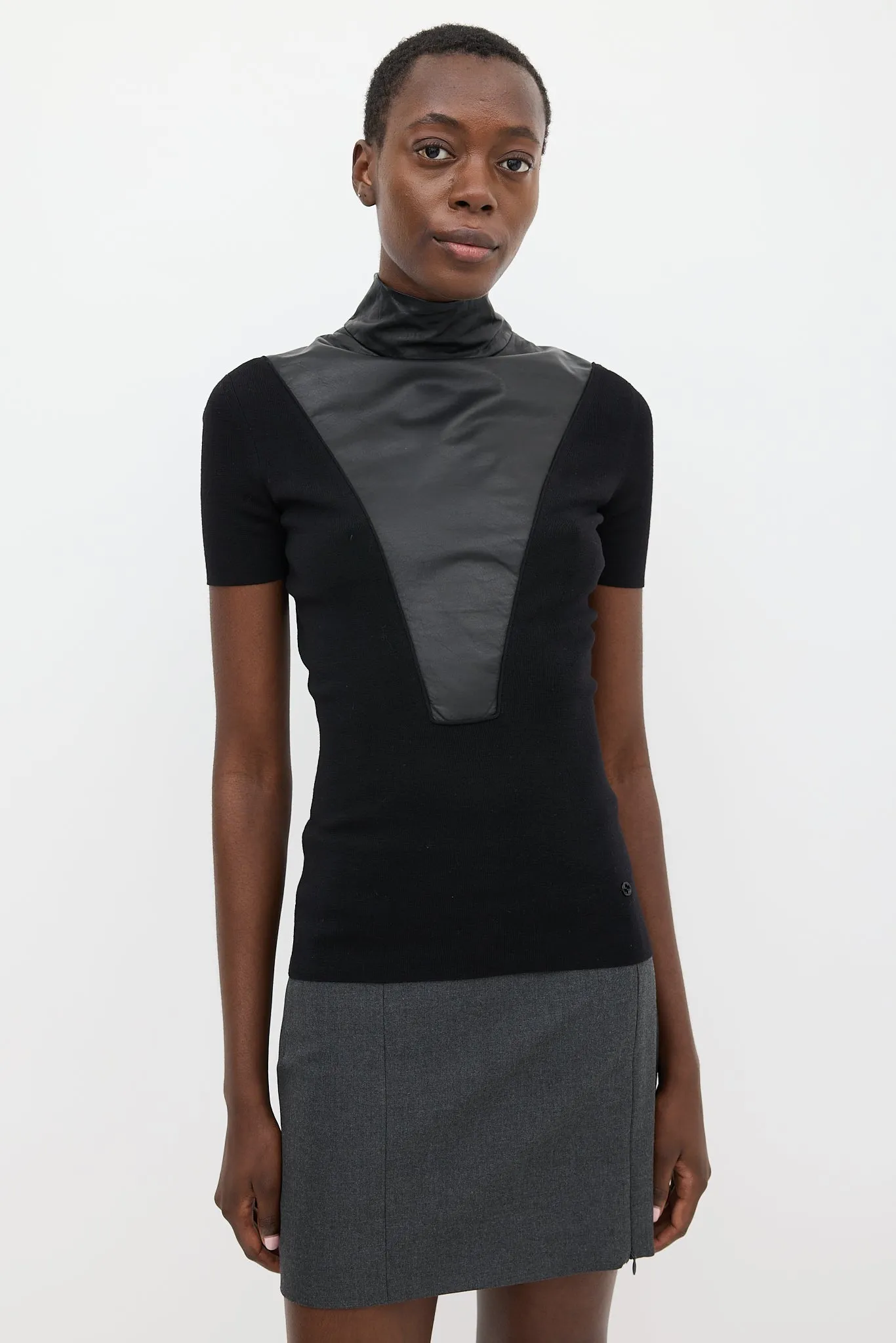 Black Leather Knit Mock Neck Top