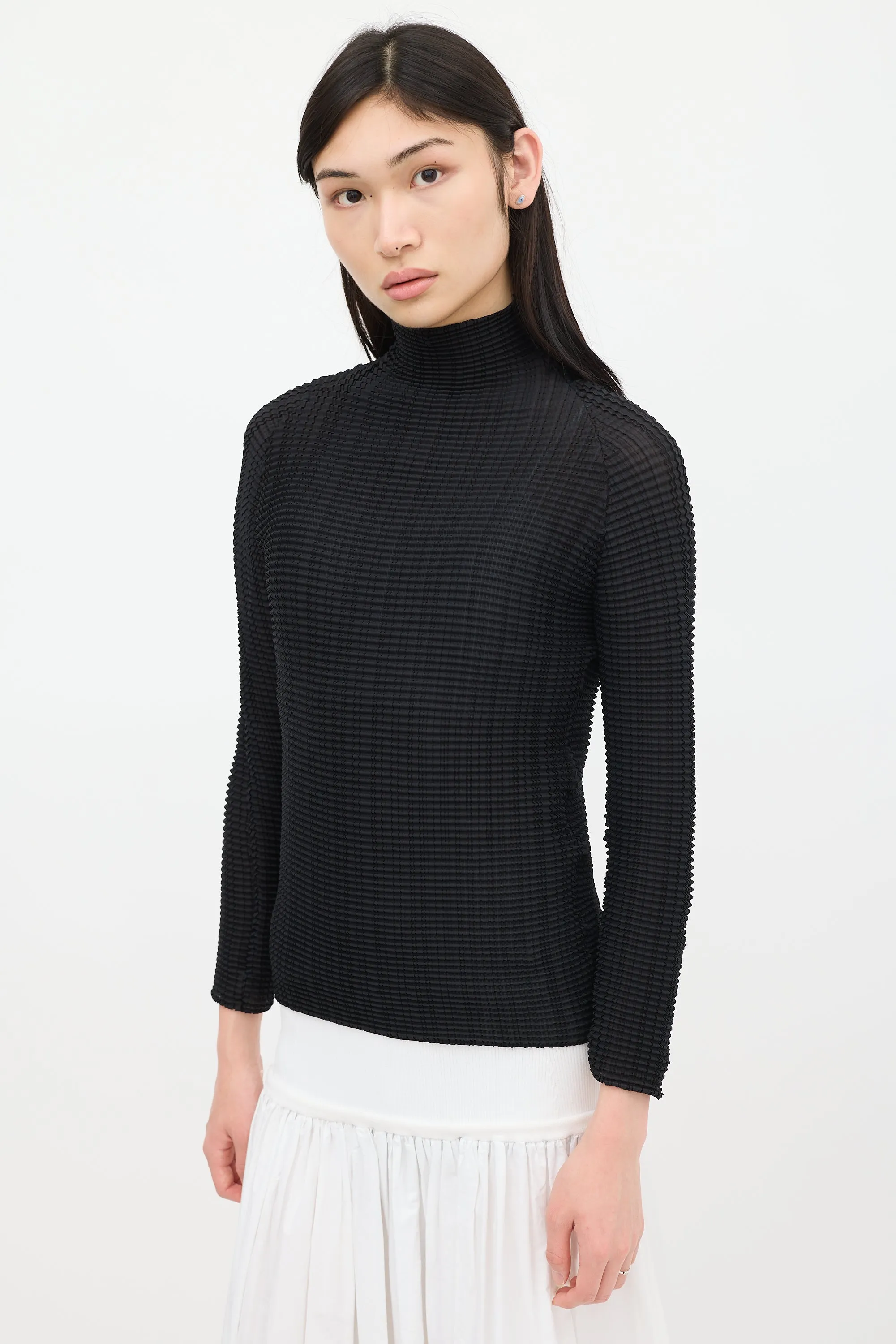 Black Pleated Mock Neck Top