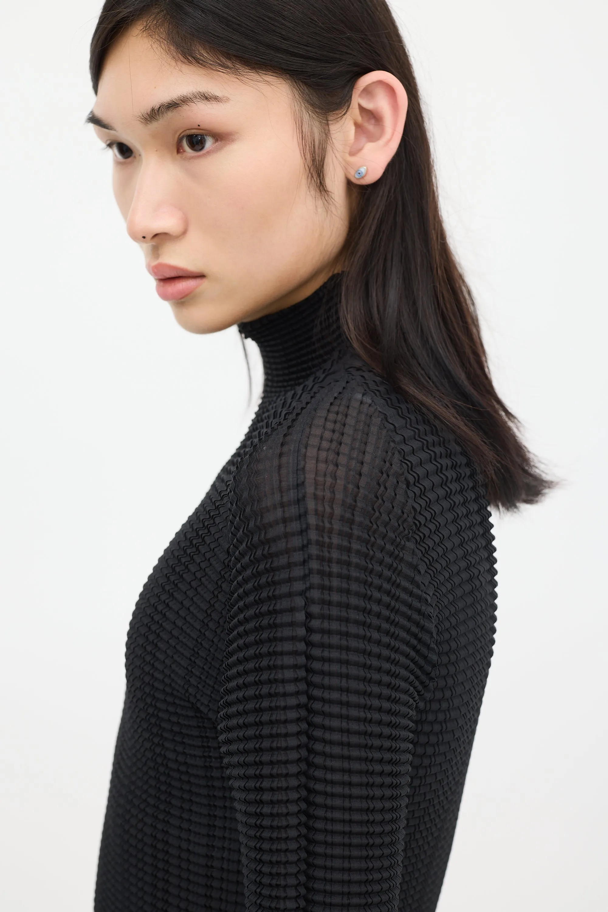 Black Pleated Mock Neck Top