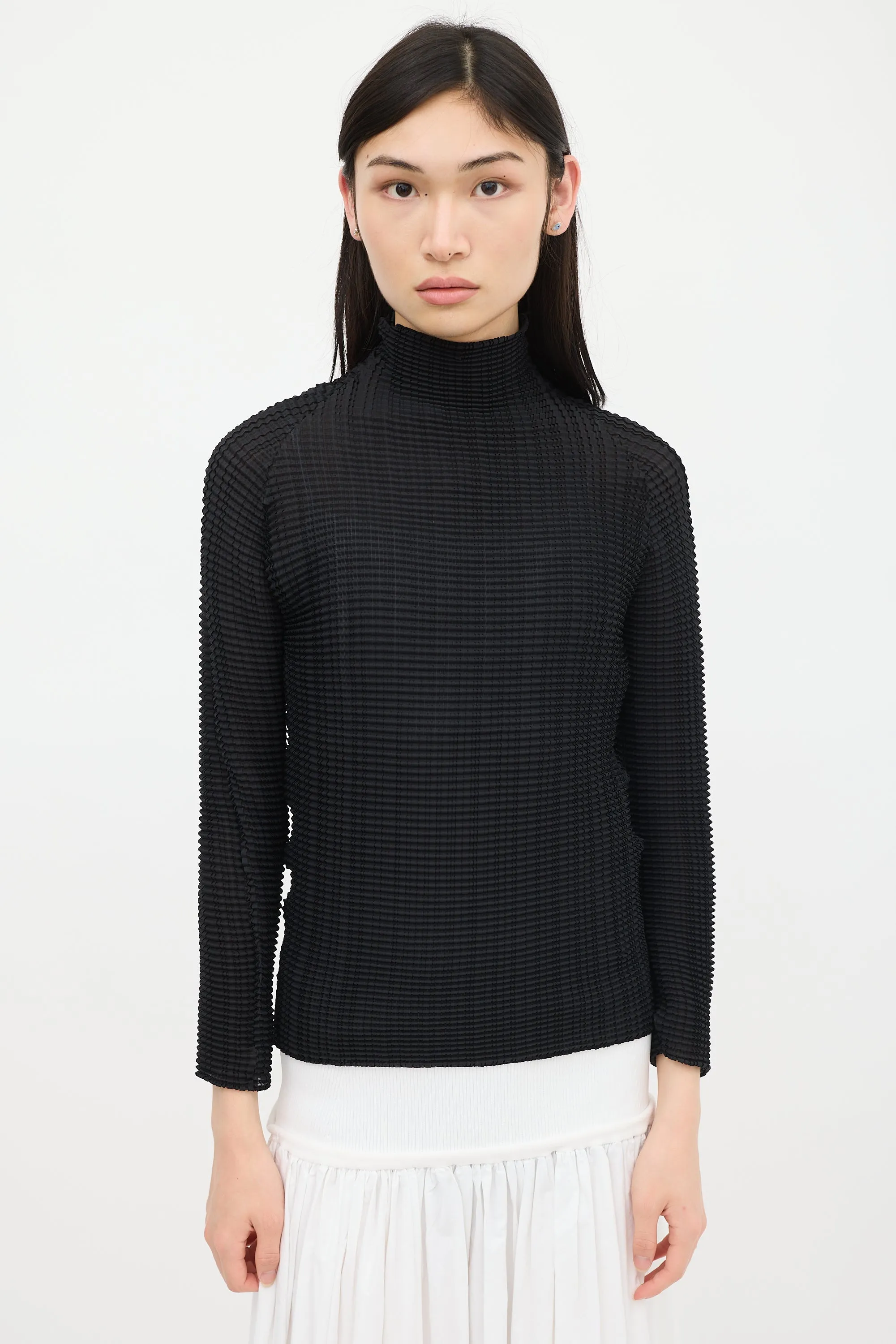 Black Pleated Mock Neck Top