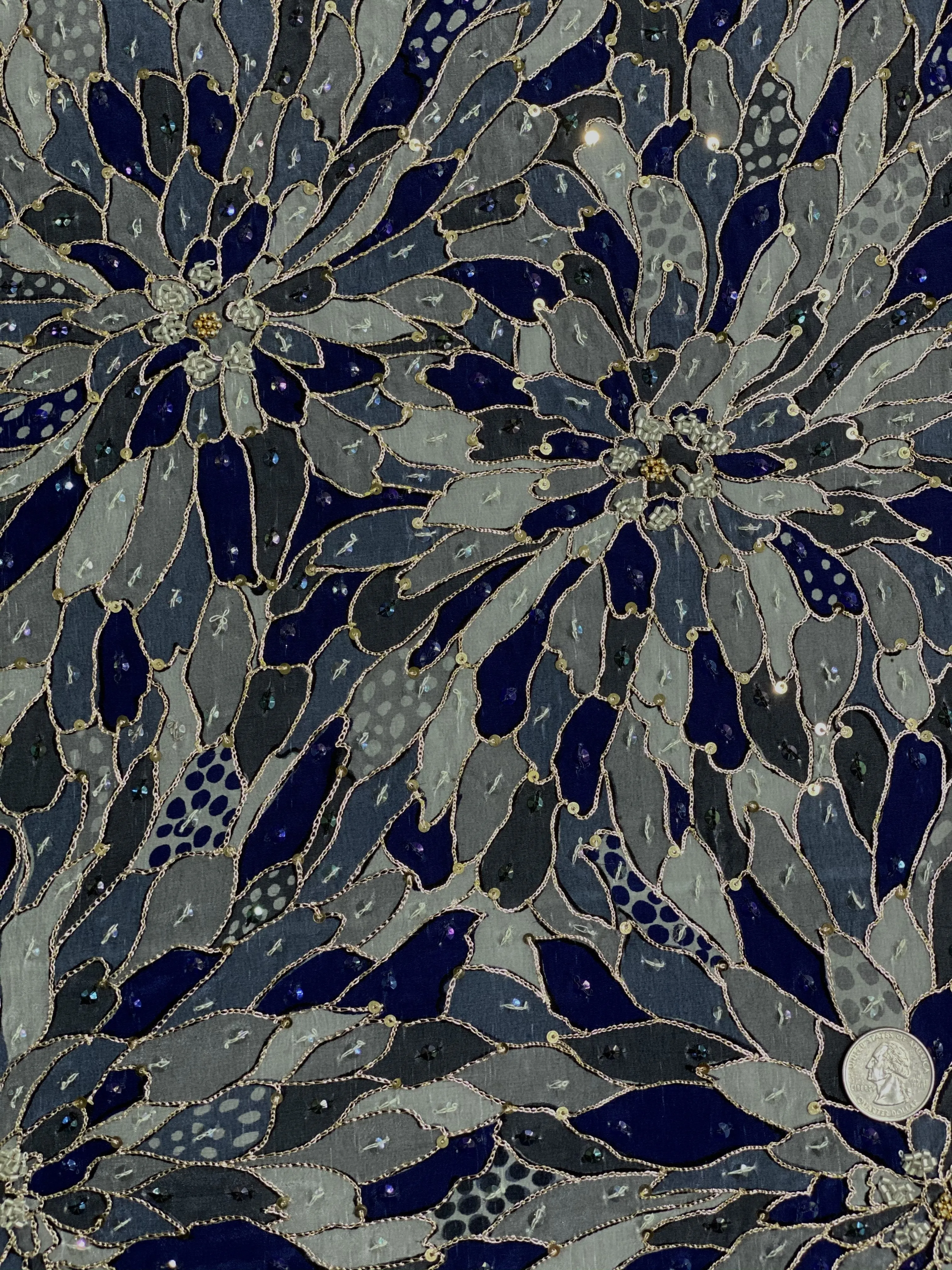 Blue Sequin & Beads On Silk Chiffon JEC-129-3 Fabric