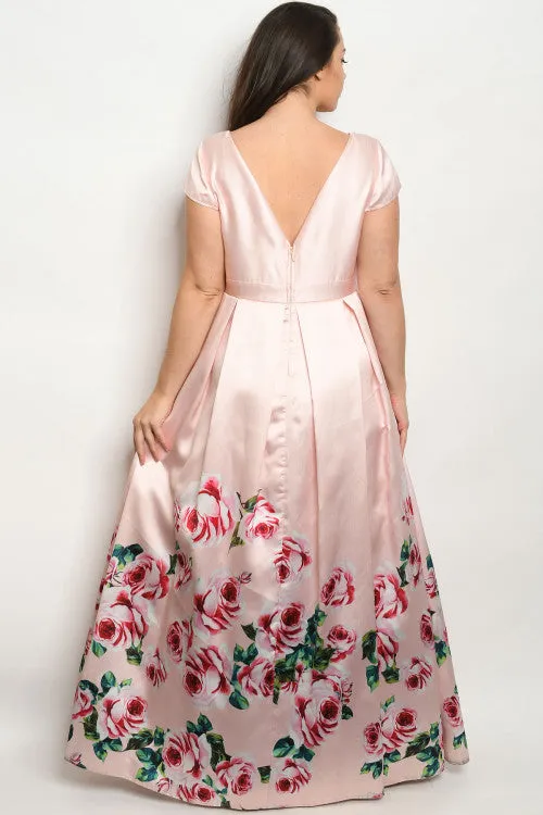 Blush Pink with Roses Plus Size Maxi Dress Gown