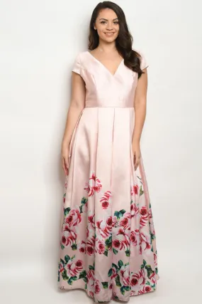 Blush Pink with Roses Plus Size Maxi Dress Gown