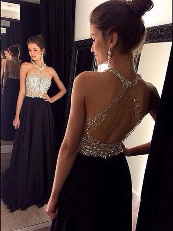 Bridelily A-Line Chiffon Halter Sleeveless Sweep/Brush Train With Beading Dresses