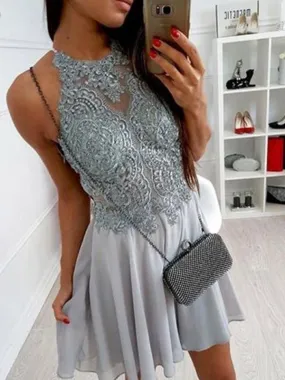 Bridelily A-Line Chiffon Halter With Applique Sleeveless Short/Mini Dresses