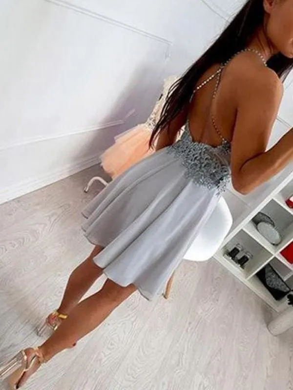 Bridelily A-Line Chiffon Halter With Applique Sleeveless Short/Mini Dresses