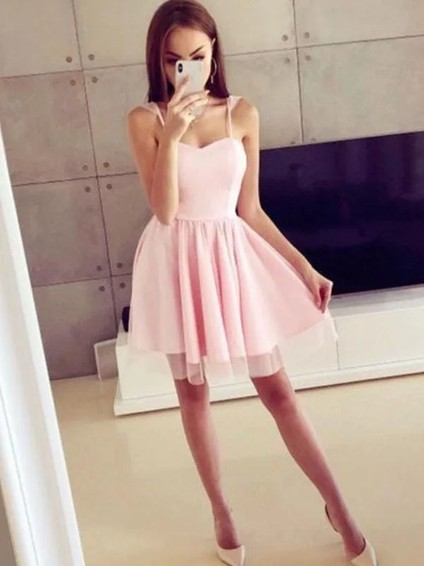 Bridelily A-Line Satin Spaghetti Straps With Ruched Sleeveless Short/Mini Dresses