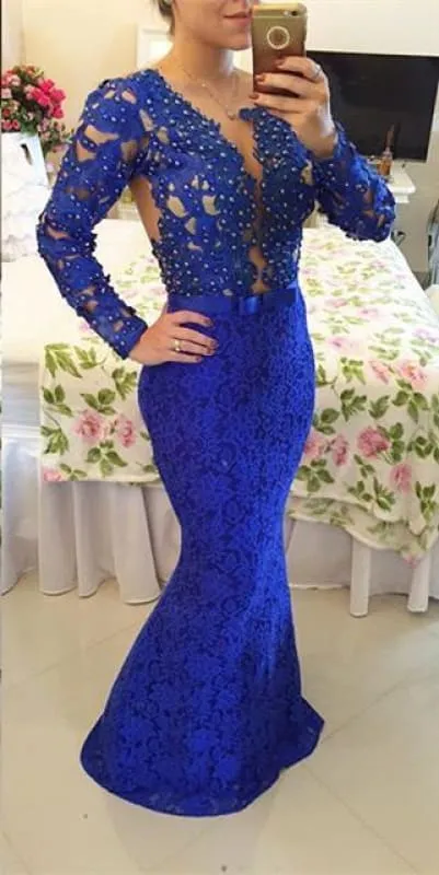 Bridelily Royal Blue Long Sleeves Lace Evening Gowns 2019 Mermaid Sheer Illusion Prom Dresses