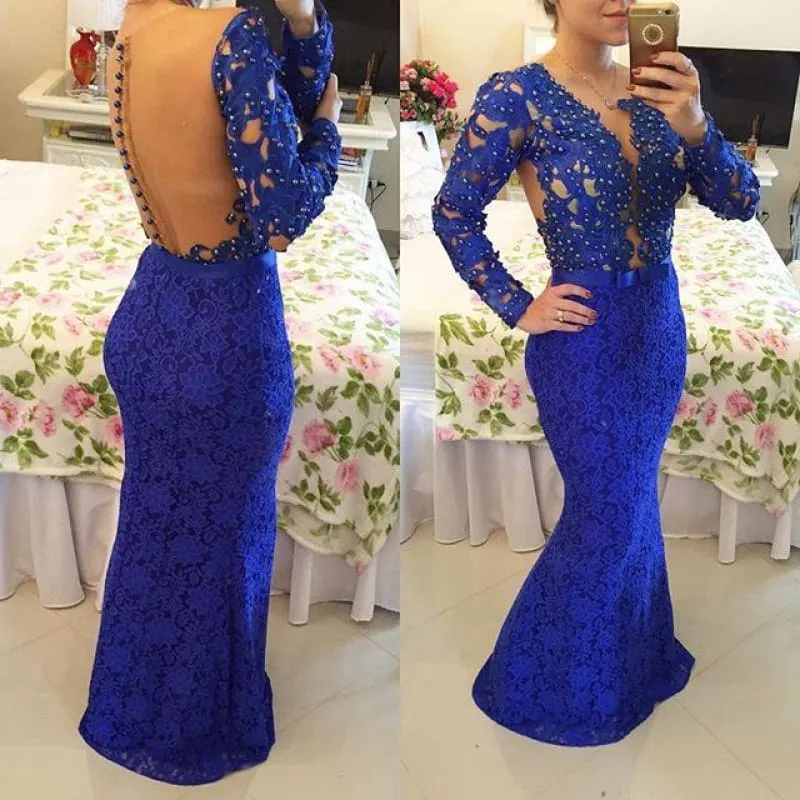Bridelily Royal Blue Long Sleeves Lace Evening Gowns 2019 Mermaid Sheer Illusion Prom Dresses