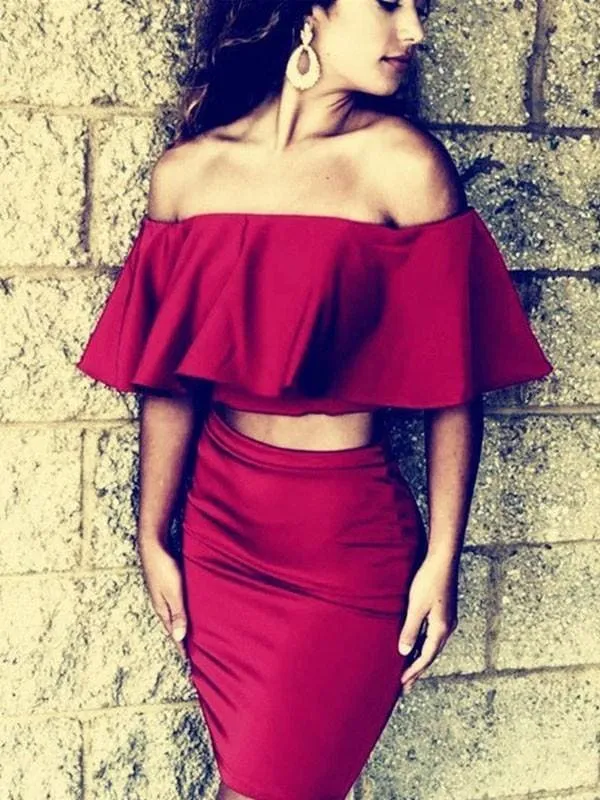 Bridelily Sheath Off-the-Shoulder Satin Two Piece Short/Mini Dresses