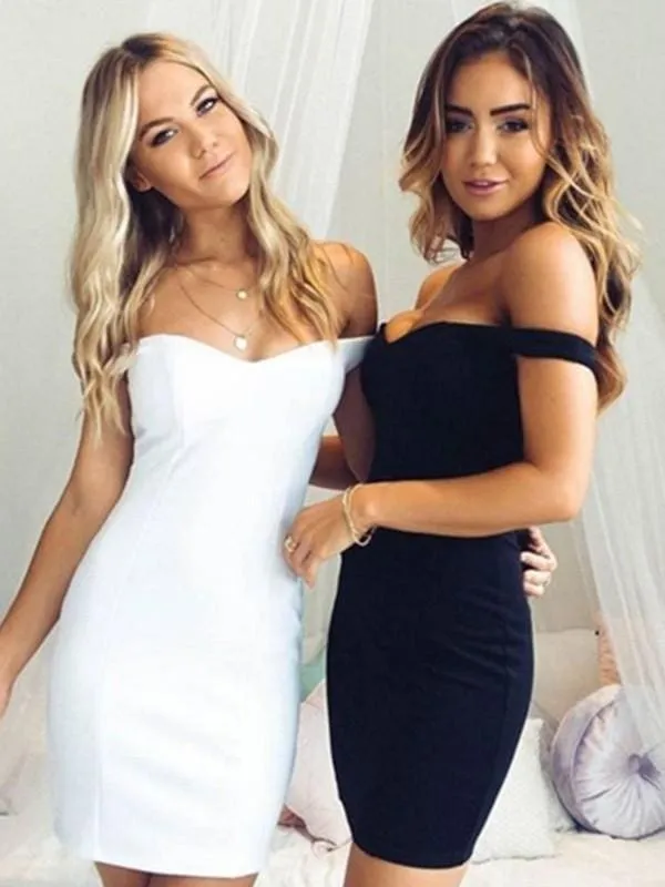 Bridelily Sheath Off-the-Shoulder Satin With Ruffles Sleeveless Short/Mini Dresses