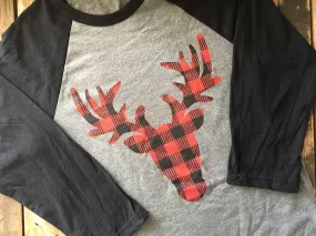 Buffalo Plaid Deer Black Gray Adult Raglan T-shirt