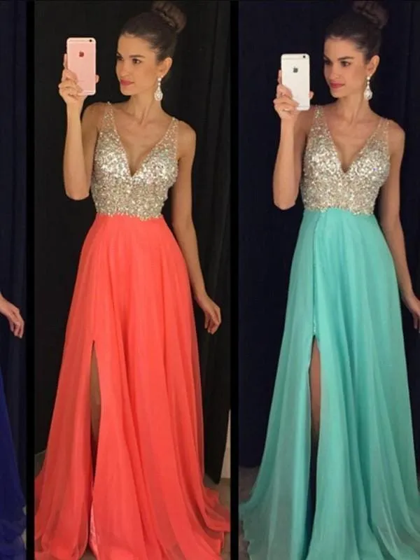 Chiffon V-Neck Sleeveless A-line Floor-Length With Beading Dresses
