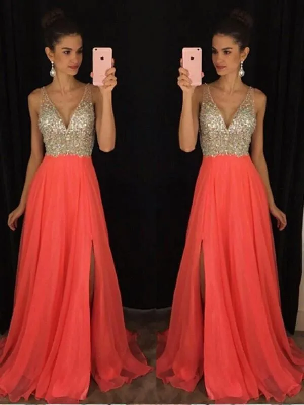 Chiffon V-Neck Sleeveless A-line Floor-Length With Beading Dresses