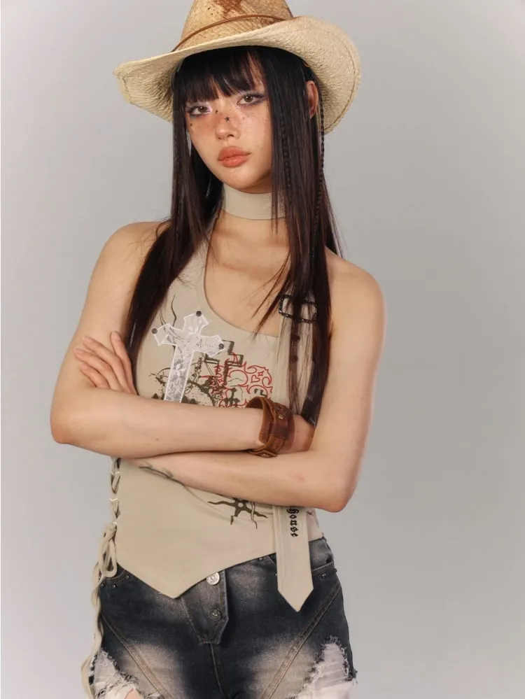 Cross Applique Apricot Halter Neck Top