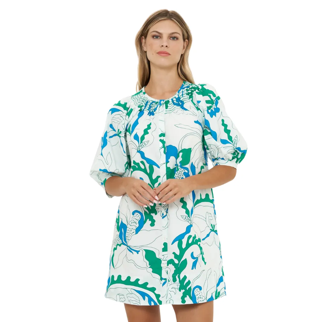 Embroidered Button Mini Dress