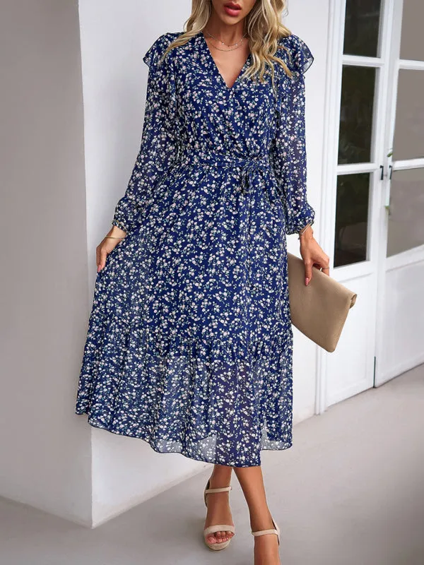 Floral Ruffle Belted Surplice Midi Dress with Long Sleeve
